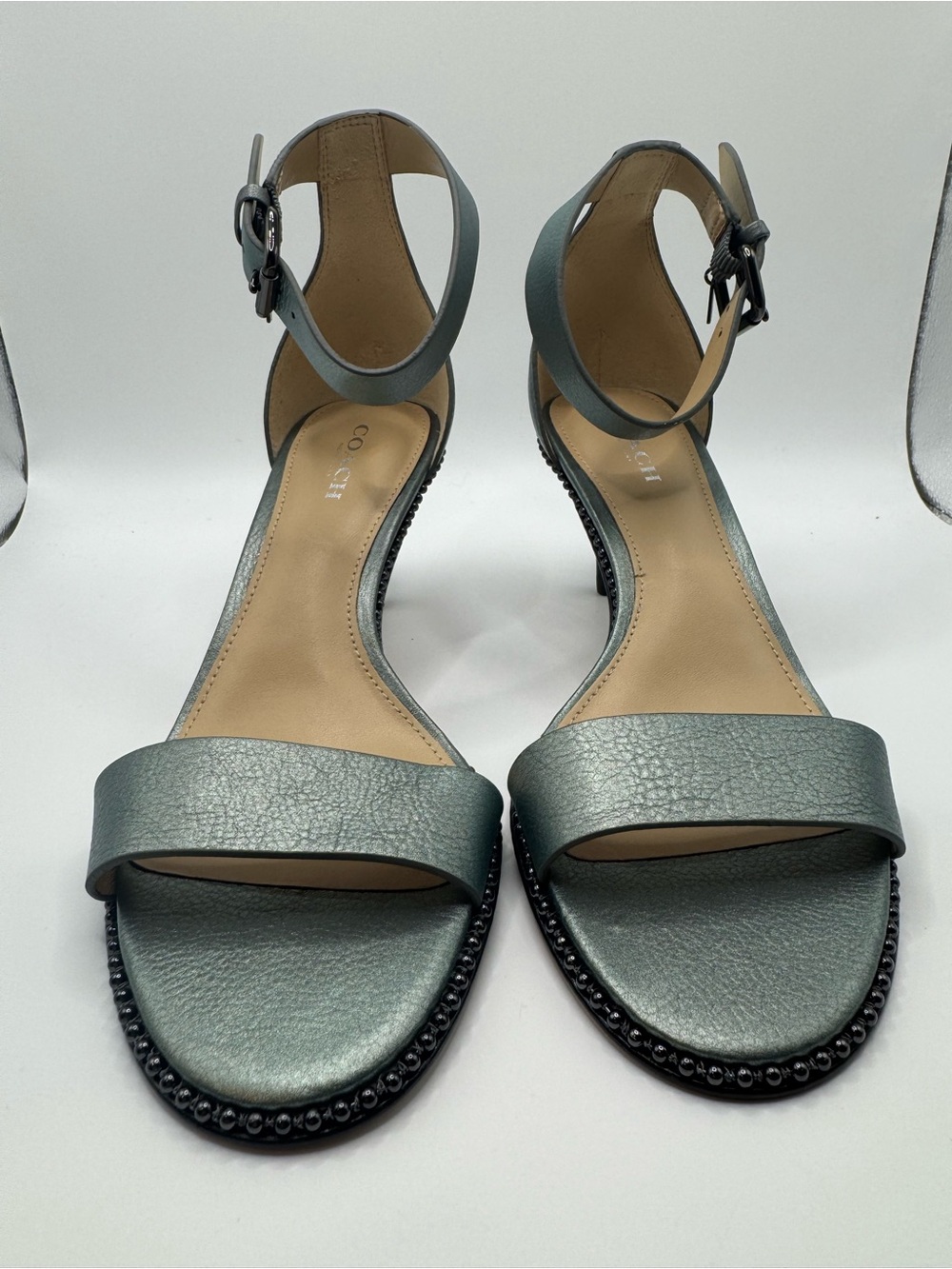 New Coach Maude Leather Ankle-Strap Sandal Heels Gun Metal Size 6 - Picture 2 of 9